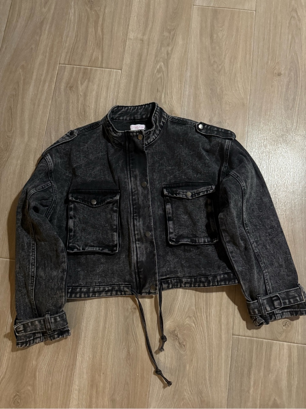 Pink Lily Walk The Walk Black Acid Wash Cropped Denim Jacket